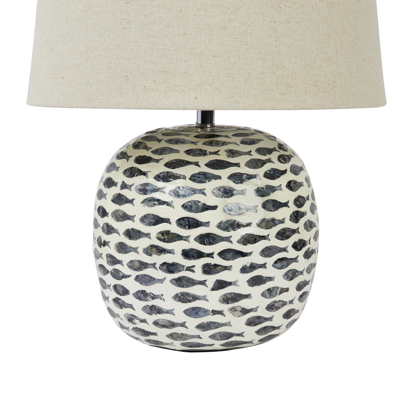 Capiz & Bamboo Table Lamp w/ Fish Pattern & Linen Shade, Blue & White