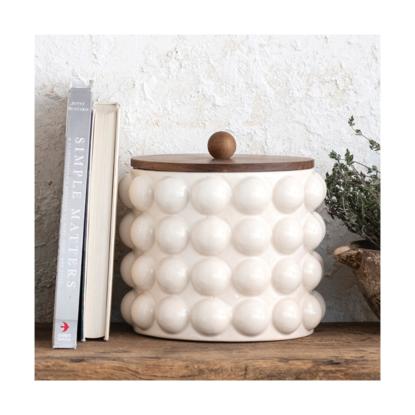 Stoneware Canister w/ Raised Dots & Acacia Wood Lid & Natural - 8-1/4"
