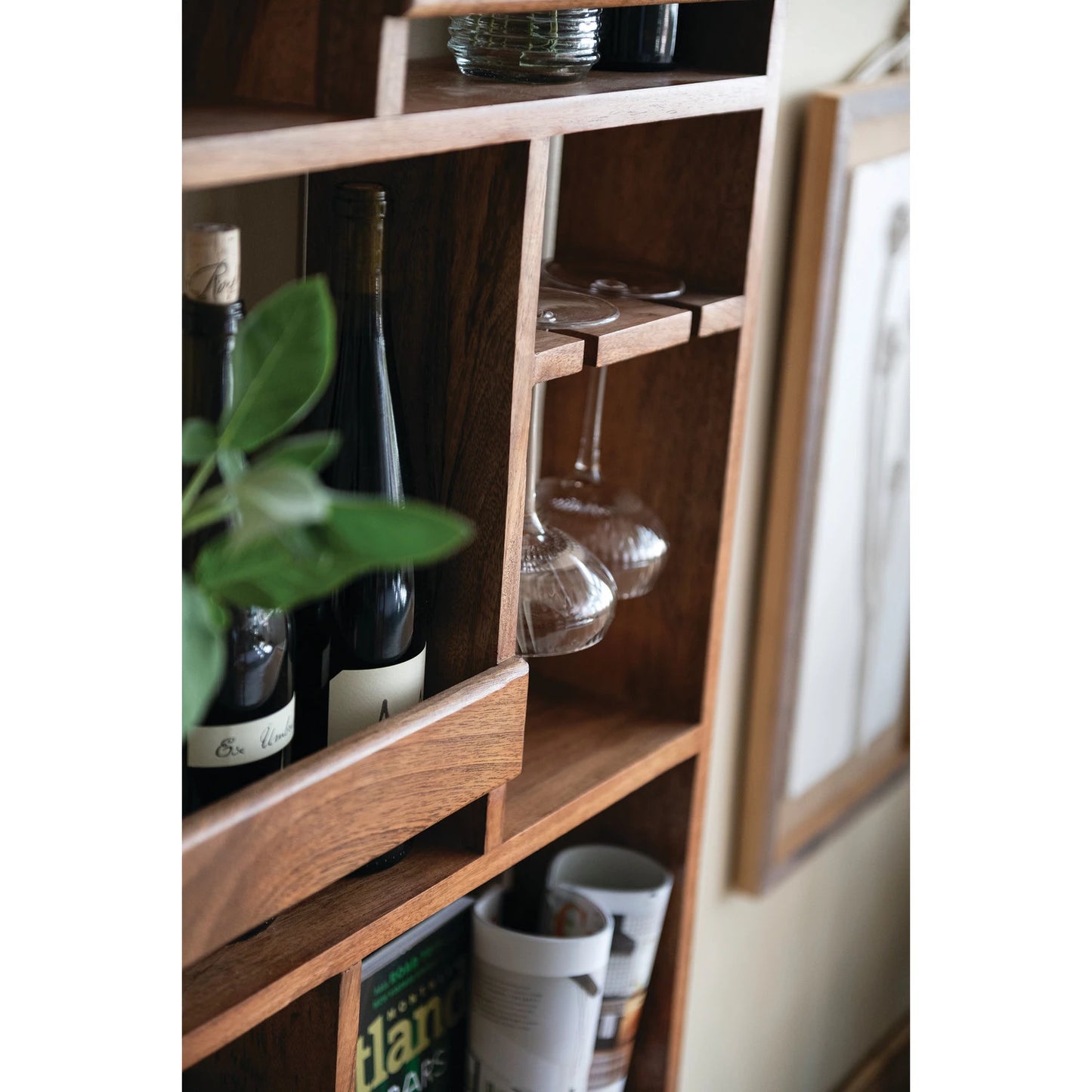 Mango Wood Wall Wine Rack with Stemmed Glass Holders