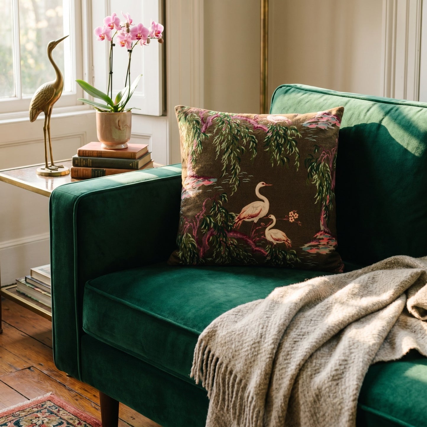 Square Cotton Velvet Chinoiserie Pillow with Chambray Back