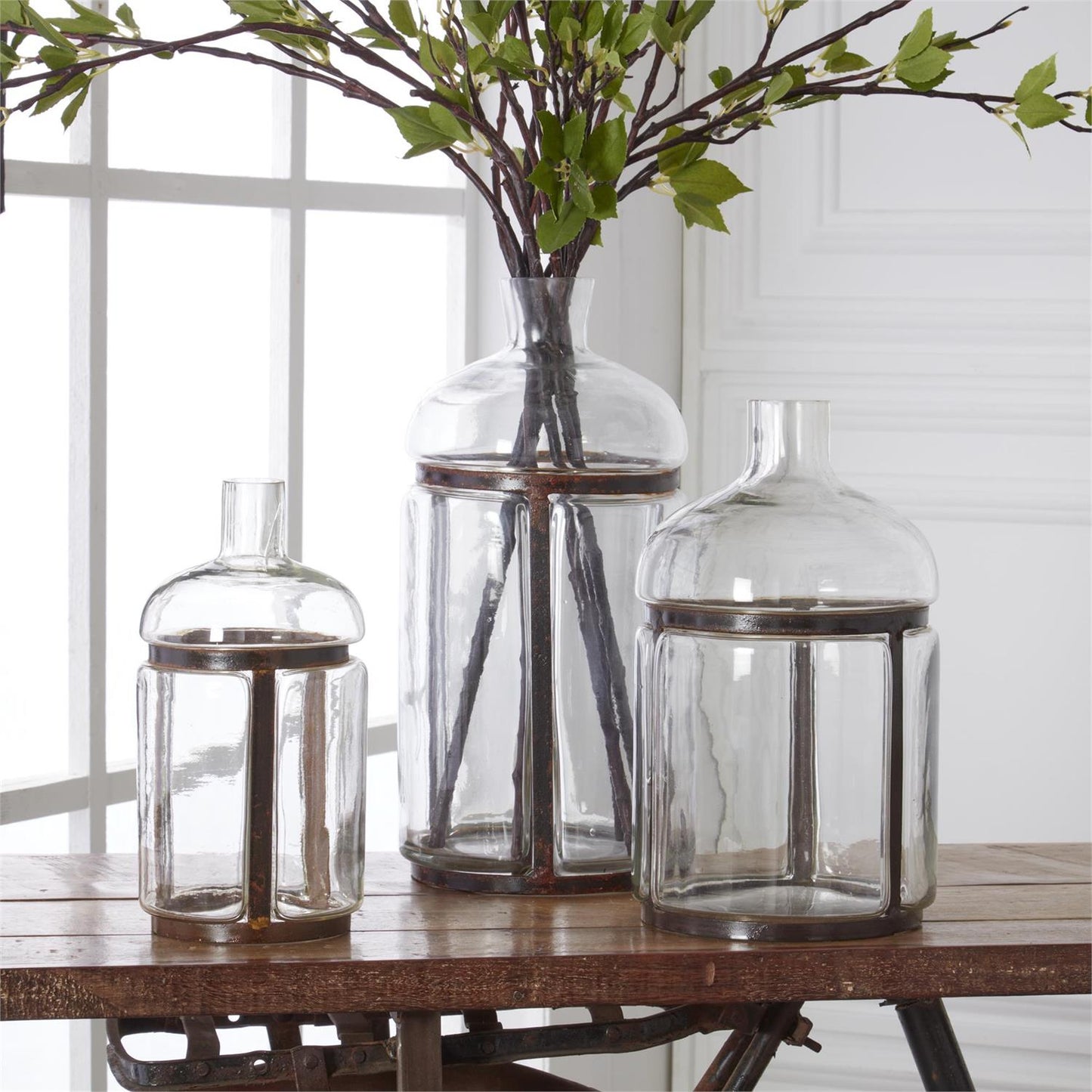Set of 3 Clear Blown Glass Bottles in Metal Frames