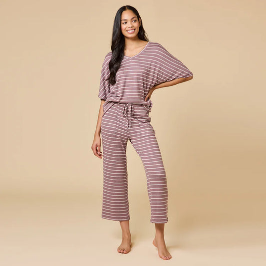 Dream Relaxed V-Neck Capri Set- Driftwood Stripe