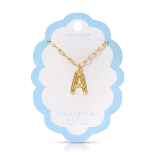 Lucky Feather Puffy Charm - Initial Necklace