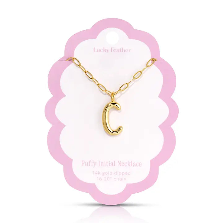 Lucky Feather Puffy Charm - Initial Necklace