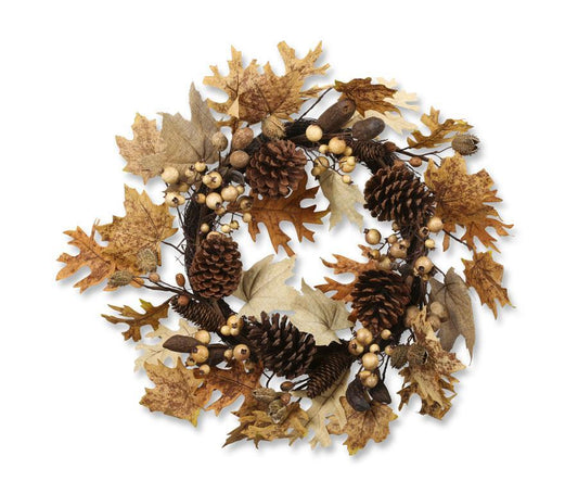 24 Inch Maple and Oak Leaf Wreath w/Pine Cones and Berries