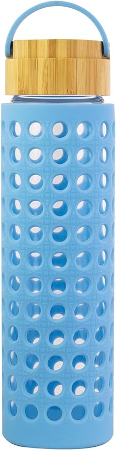 Glass Water Bottle, Caning Blue