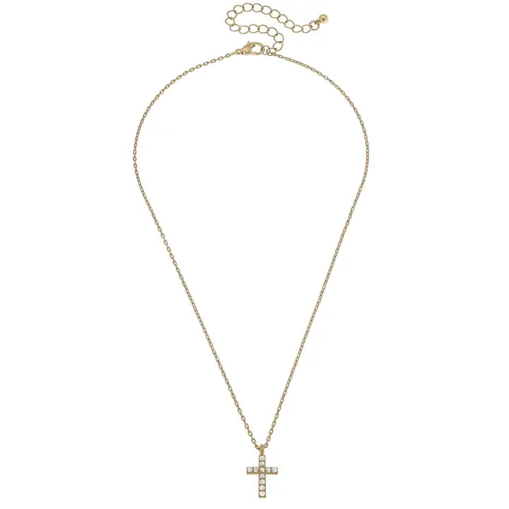 Meryl Pearl Studded Cross Pendant Necklace in Worn Gold