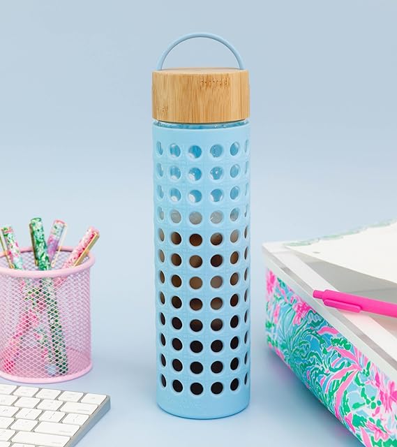 Glass Water Bottle, Caning Blue