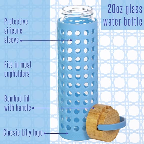 Glass Water Bottle, Caning Blue