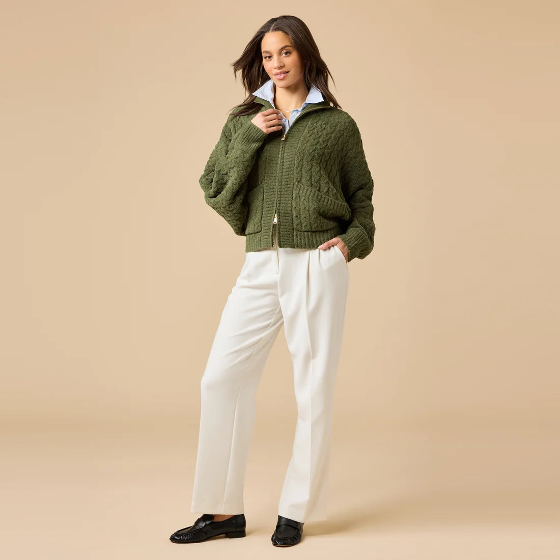 Cable Knit Marshmallow Funnel Neck Double Zip Jacket- Olive