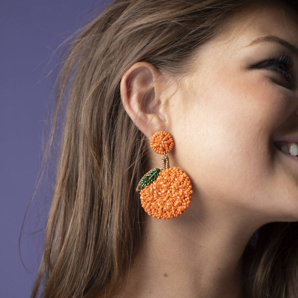 Orange Beaded Post and Gold, Green, Orange, Beaded Earrings