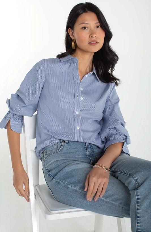 Adjustable Sleeve Button Front Woven Top