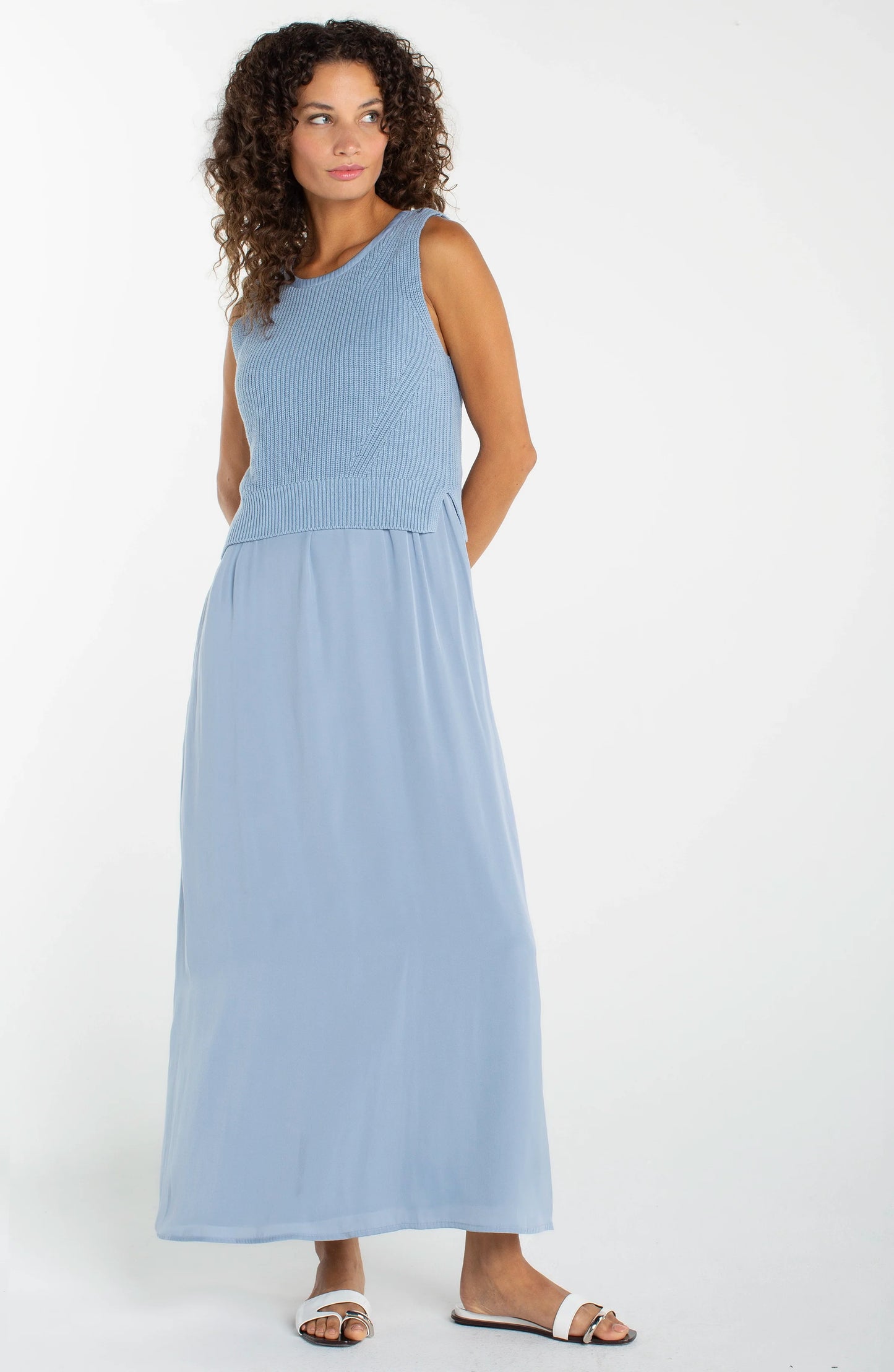 Sleeveless Tie Back Sweater Woven Dress