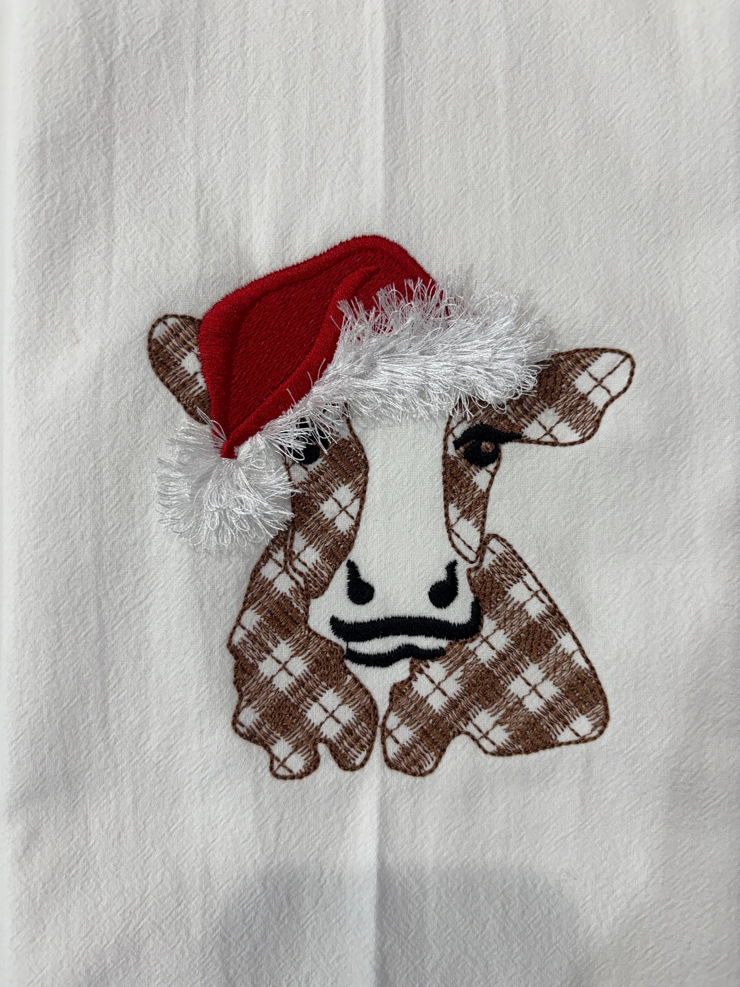 Fluffy Santa Cow Embroidered Tea Towel