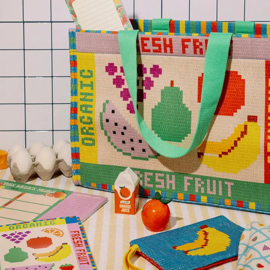 Rattan Market Bag, Fruit Tiles