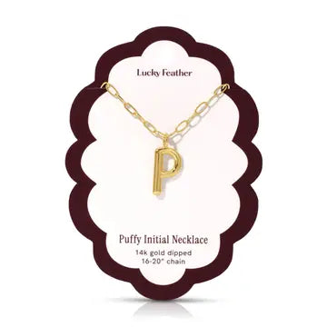 Lucky Feather Puffy Charm - Initial Necklace