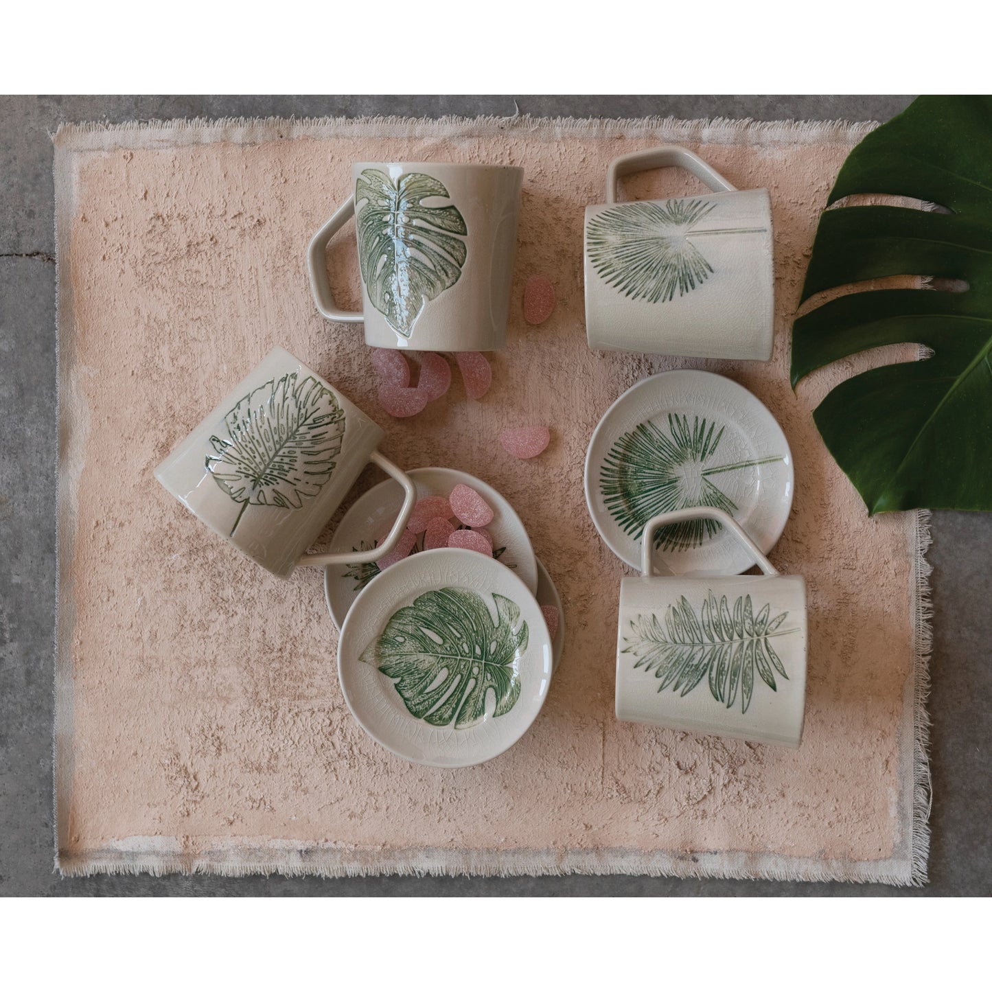 14 oz. Stoneware Mug with Debossed Leaf, Reactive Crackle Glaze, 4 Styles