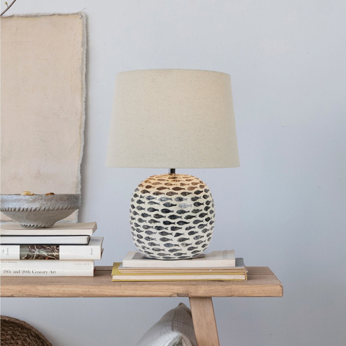 Capiz & Bamboo Table Lamp w/ Fish Pattern & Linen Shade, Blue & White