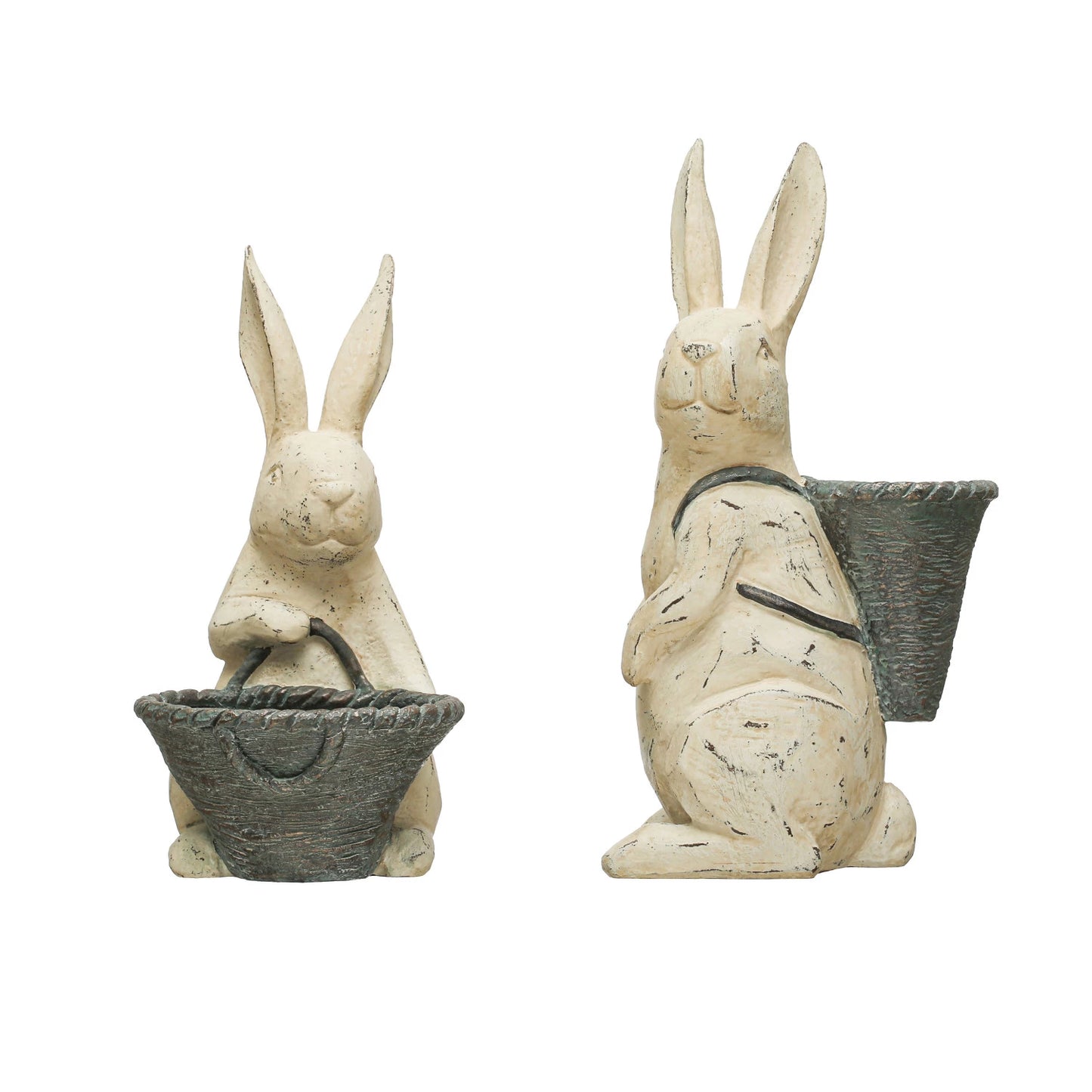 Resin Rabbit w/ Basket, Distressed Finish, Antique White & Grey, 2 Styles