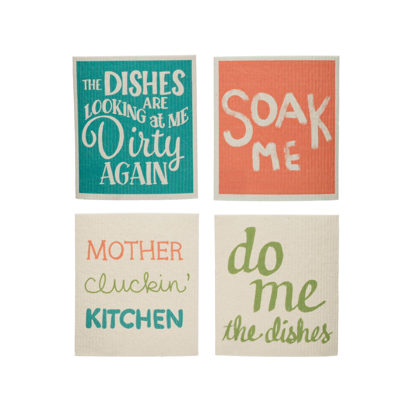 Reusable Cellulose Sponge Cloth w/ Saying, Multi Color, set of four