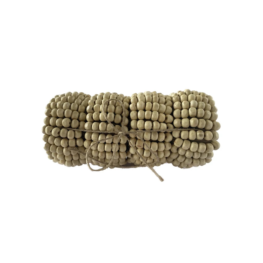 Mango Wood Bead & Jute Napkin Rings, Set of 4