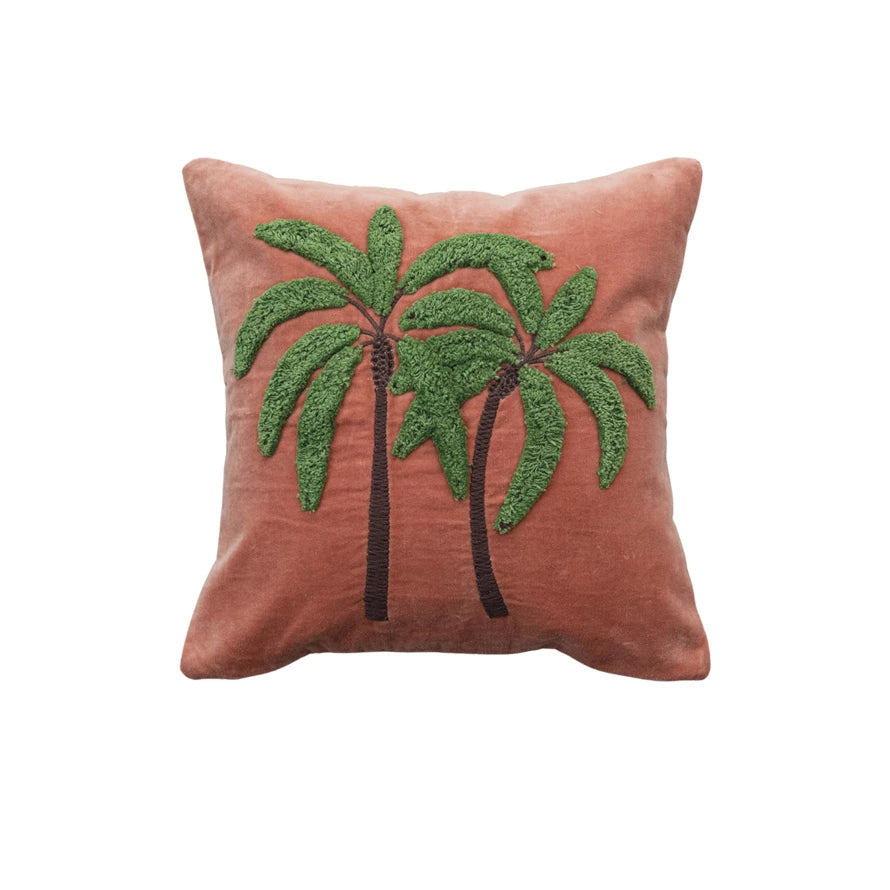 18" Square Cotton Velvet Pillow w/Embroidered Tufted Palm Tress