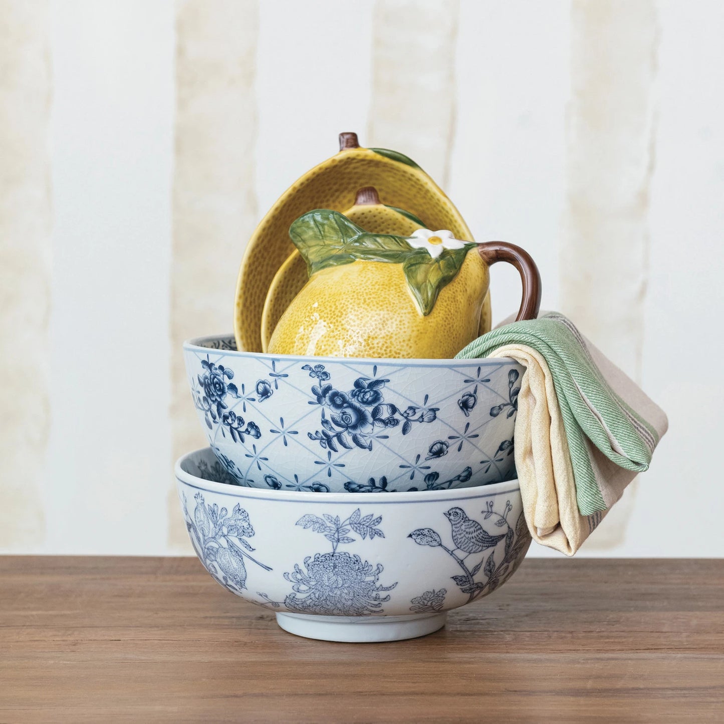 Porcelian Bowl w/Botanicals, Crackle Glaze