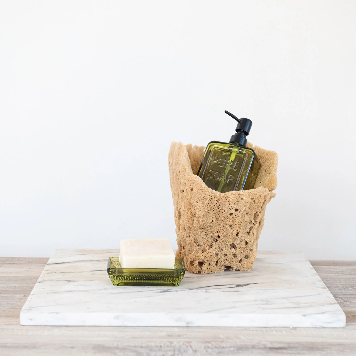 Pressed Glass Soap Dispenser with Pump "PURE SOAP", Olive Color