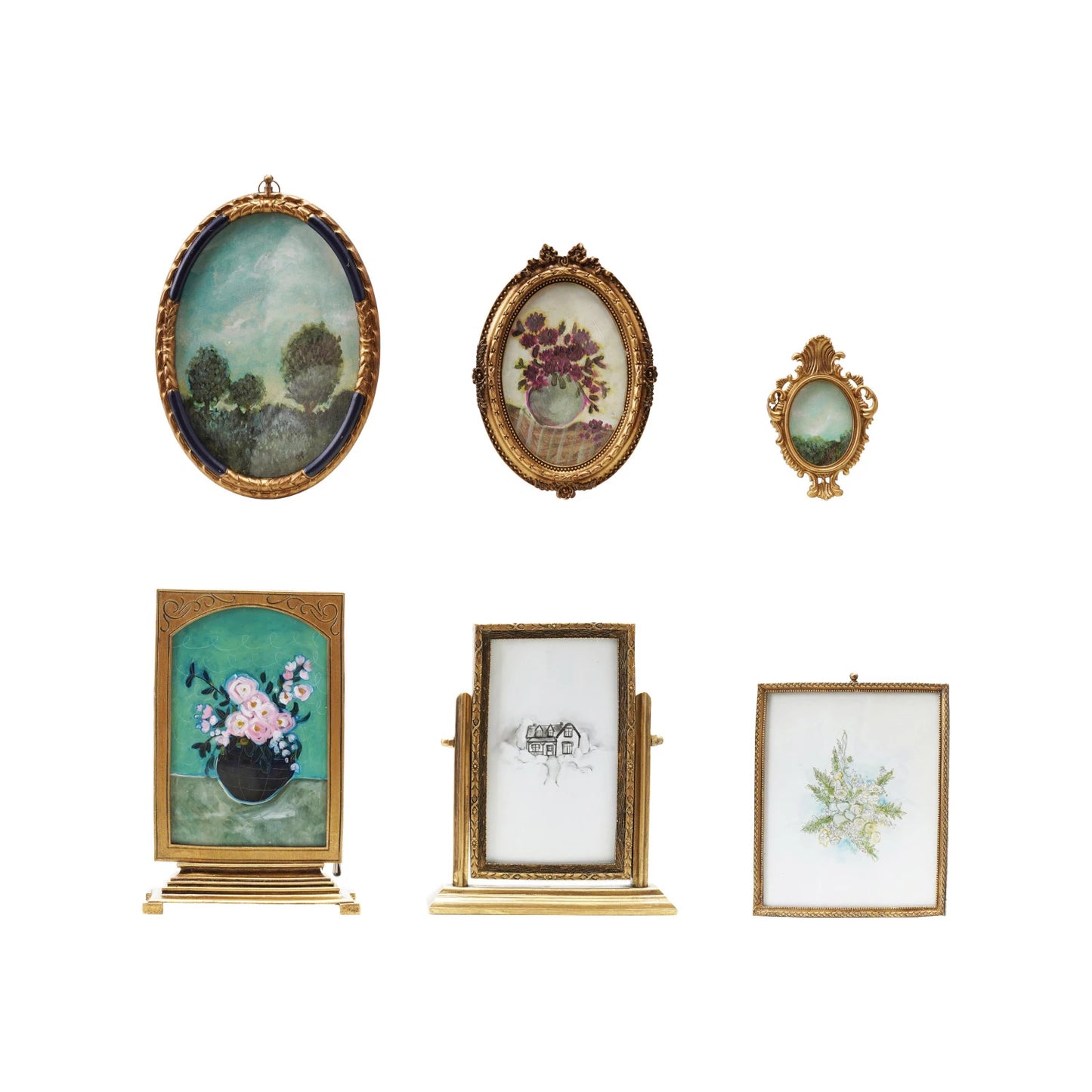 Pewter & Glass Photo Frames with Art, Set of 6
