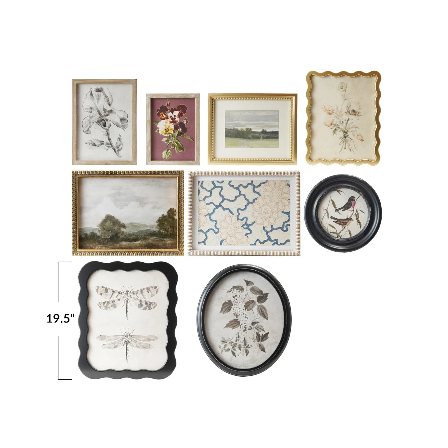Wood Framed Glass Wall Décor w/ Landscapes, Botanicals & Insect Prints, Set of 9