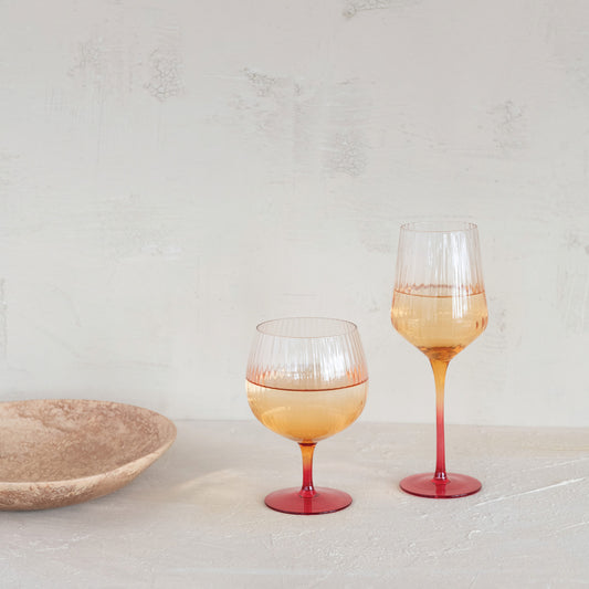 Stemmed Fluted Wine Glass, Orange Color Ombre
