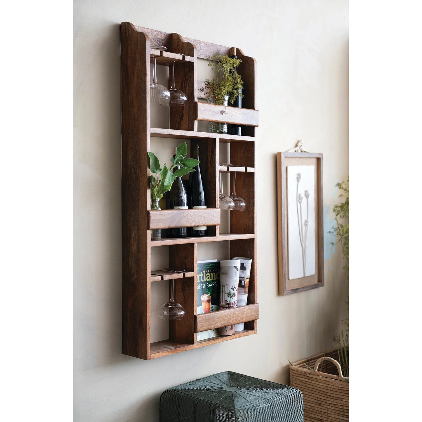 Mango Wood Wall Wine Rack with Stemmed Glass Holders