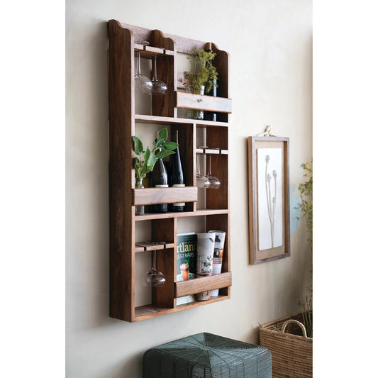 Mango Wood Wall Wine Rack with Stemmed Glass Holders