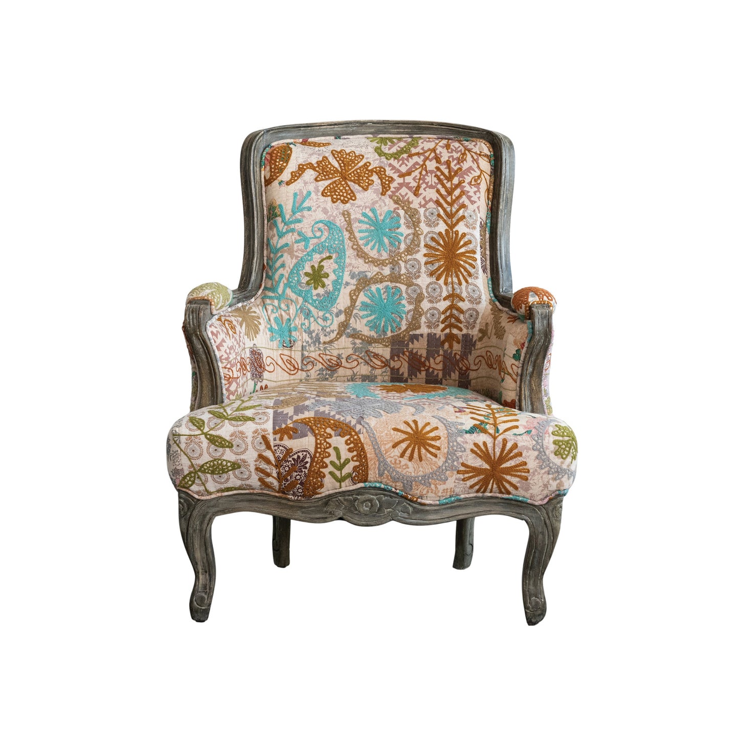 Upholstered Arm Chair with Hand-Carved Frame & Hand-Embroidery