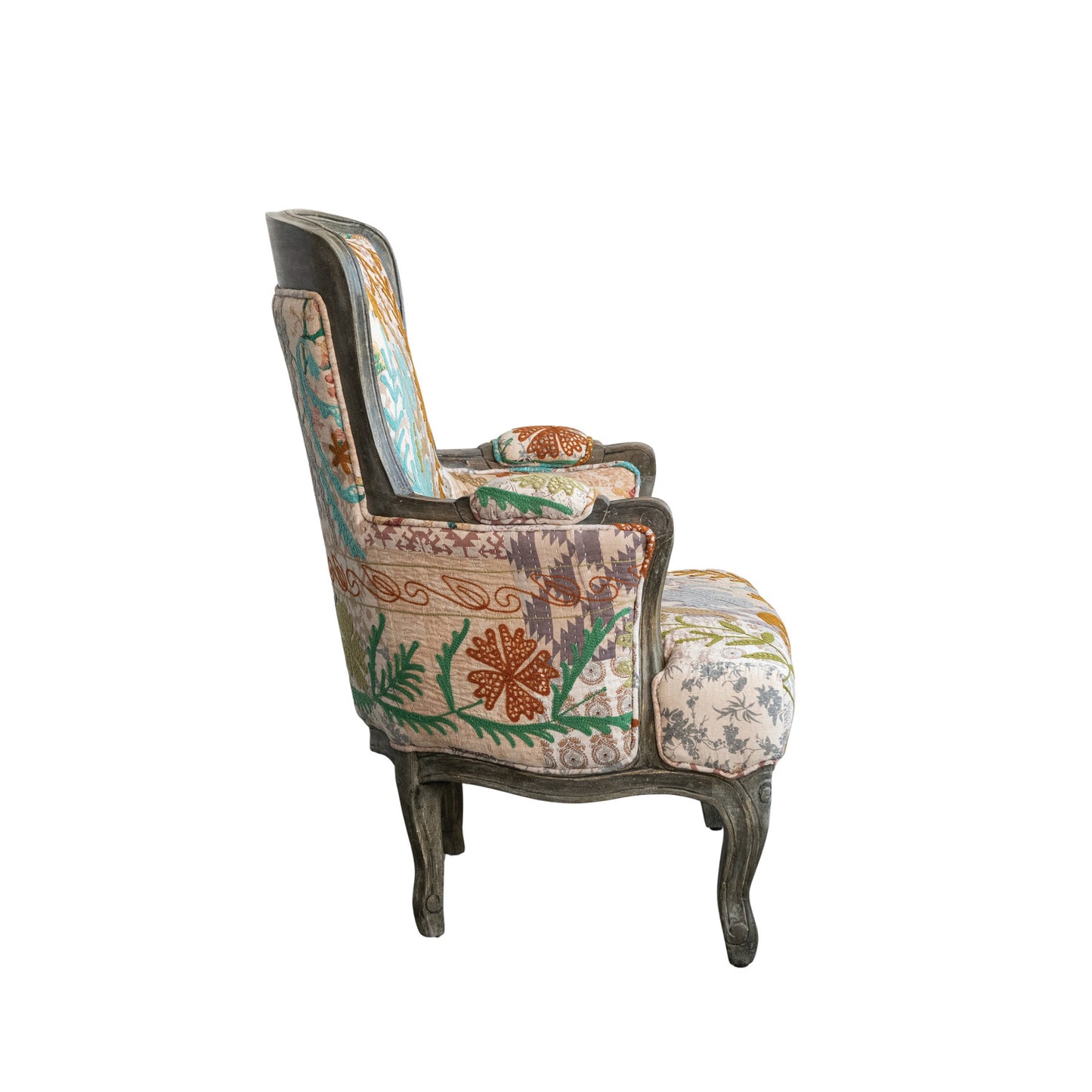 Upholstered Arm Chair with Hand-Carved Frame & Hand-Embroidery