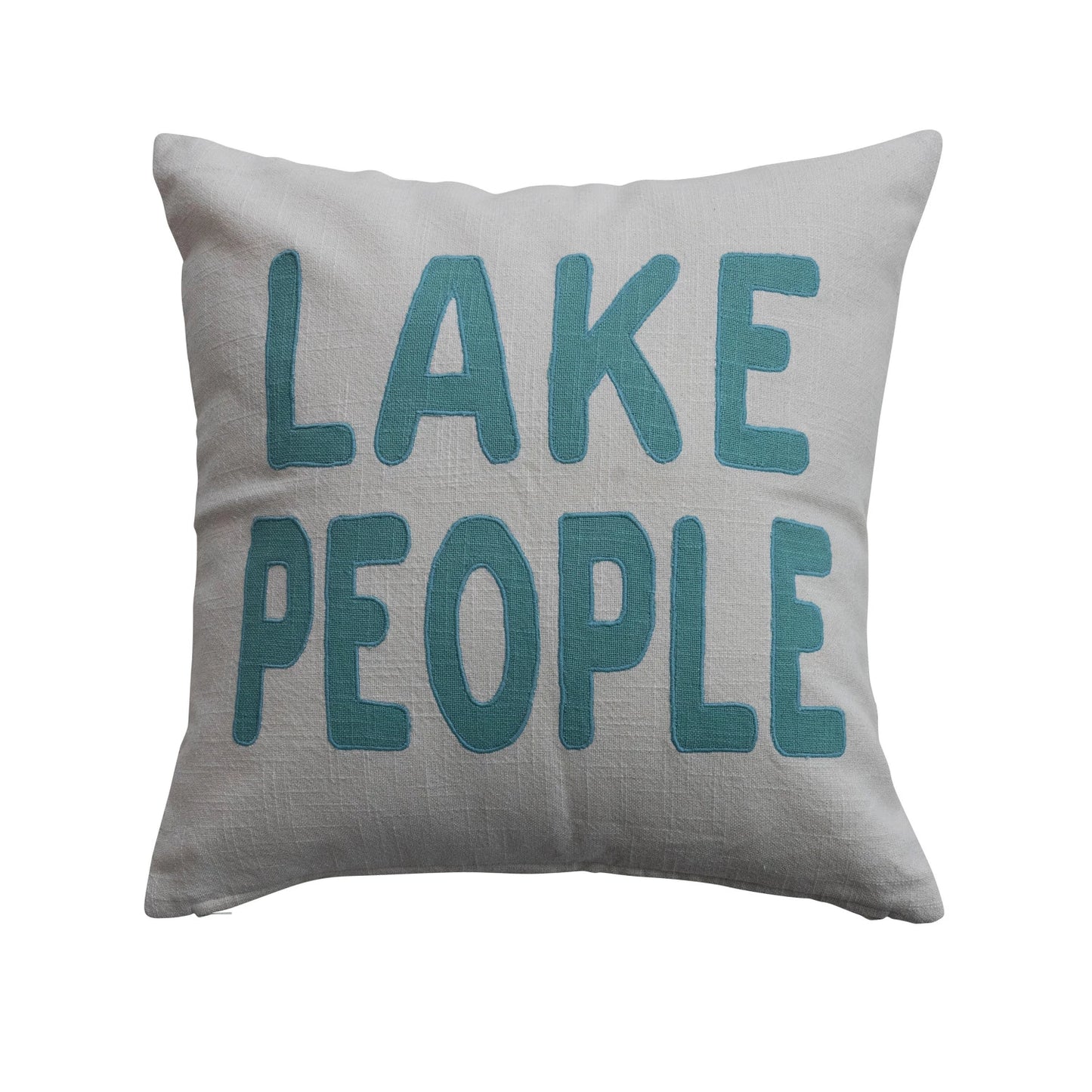 18" Square Cotton Pillow with Embroidery "Lake People", White & Blue