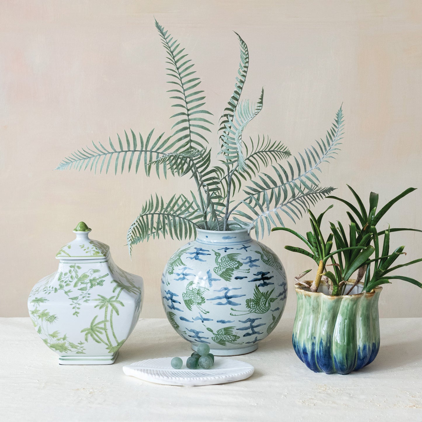Hand-Painted Stoneware Jar with Botanicals