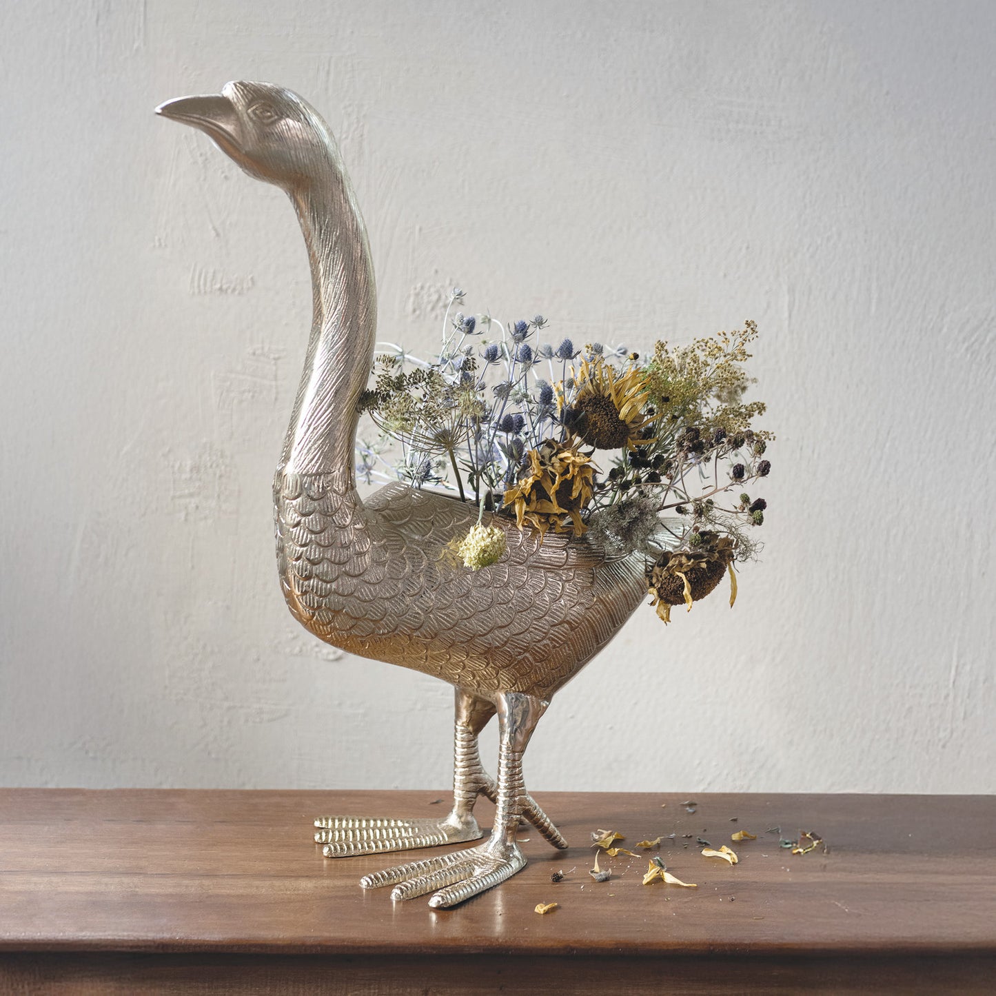 Cast Aluminum Goose Shaped Planter/Container, Gold Finish