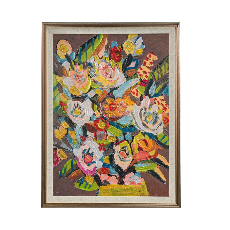 Moulded Composite Framed Canvas Wall Decor with Hand-Painted Flowers