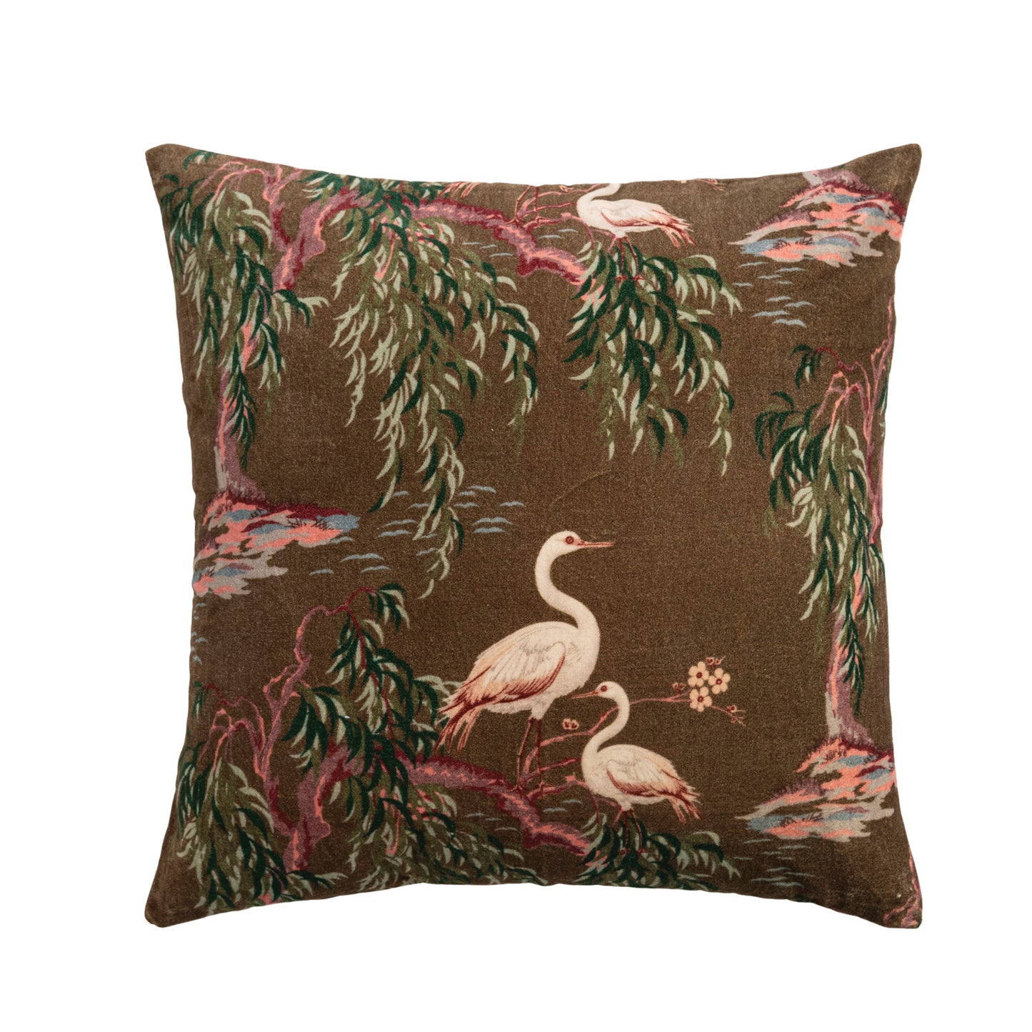 Square Cotton Velvet Chinoiserie Pillow with Chambray Back
