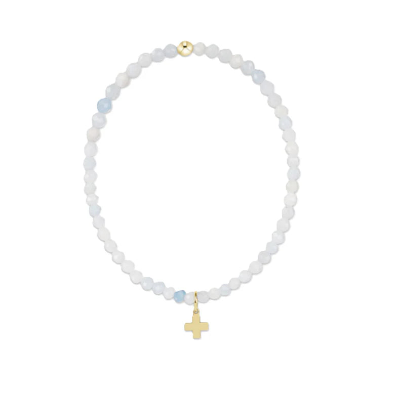 Classic Aquamarine 3mm Bead Bracelet Signature Cross Gold Charm
