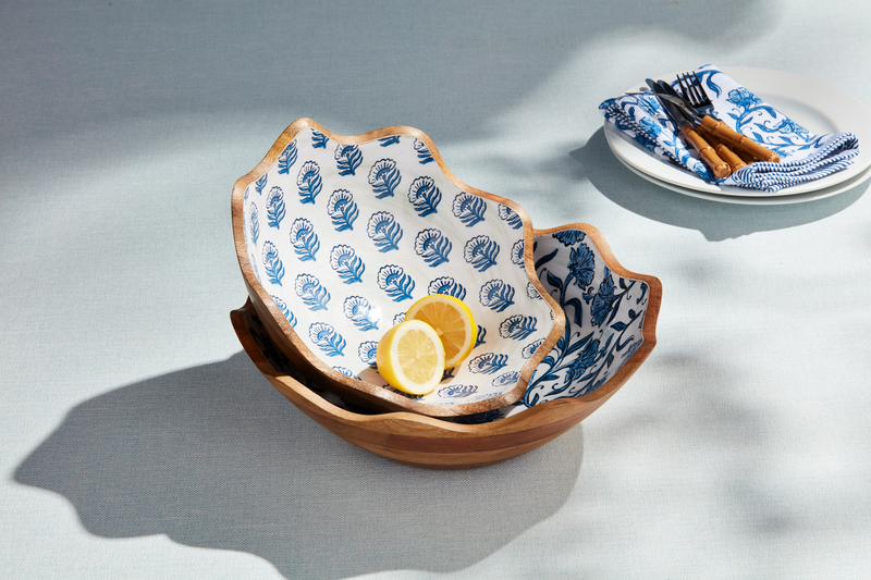 Small Wooden Bowl w/Blue Floral Enameled Interior