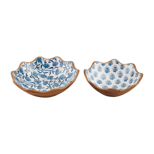 Small Wooden Bowl w/Blue Floral Enameled Interior